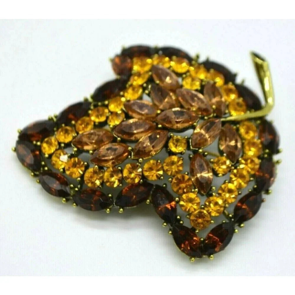 Large Brown Orange Rhinestone Leaf Gold Tone High Quality Pin Brooch Vintage